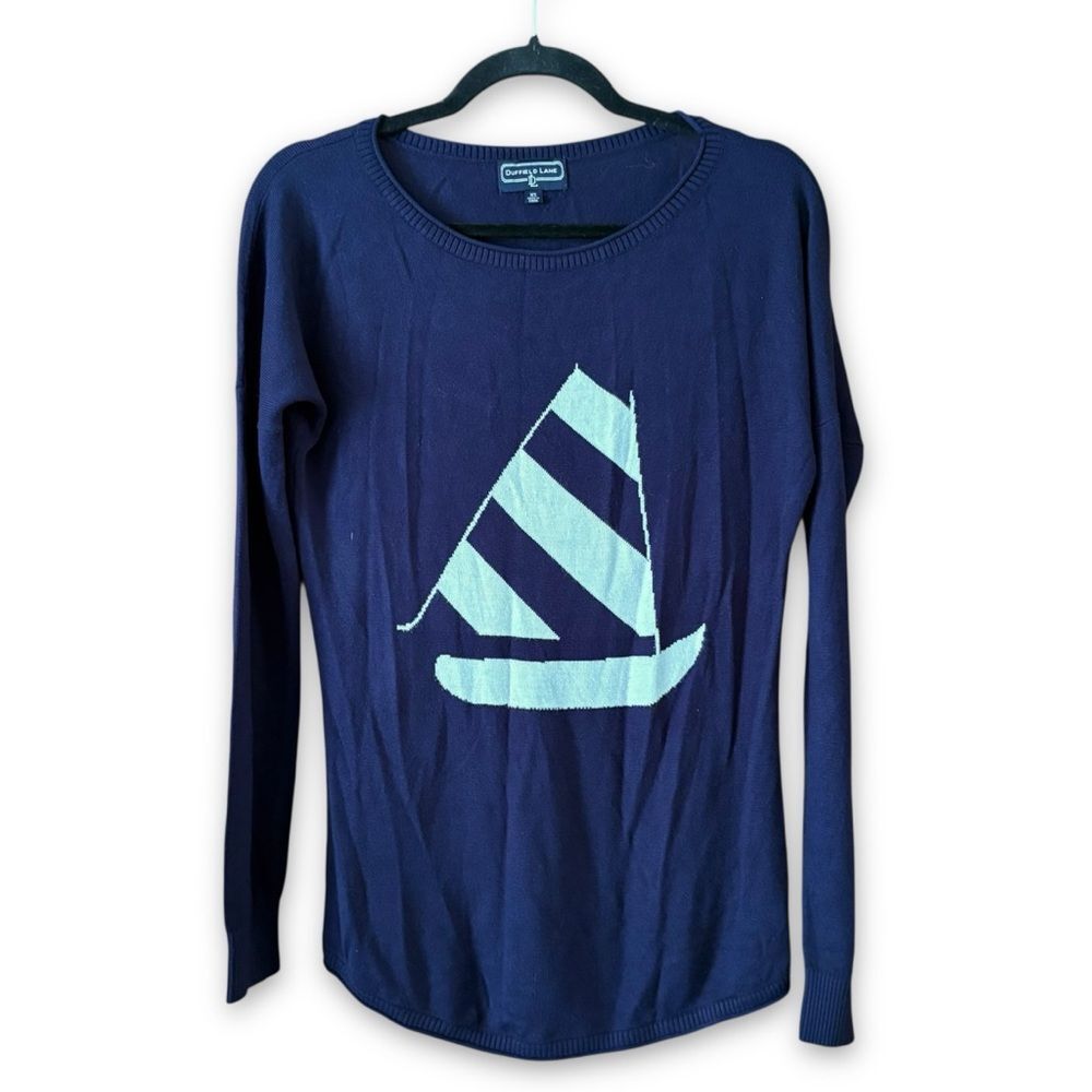 Duffield Lane Catboat Sailboat Silk Blend Navy Blue Sweater Size XS Nautical